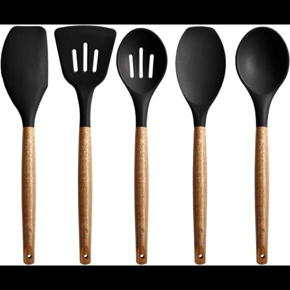 Non-Stick Silicone Kitchen Utensils Set with Natural Acacia Hard Wood Handle - Picture 1 of 7